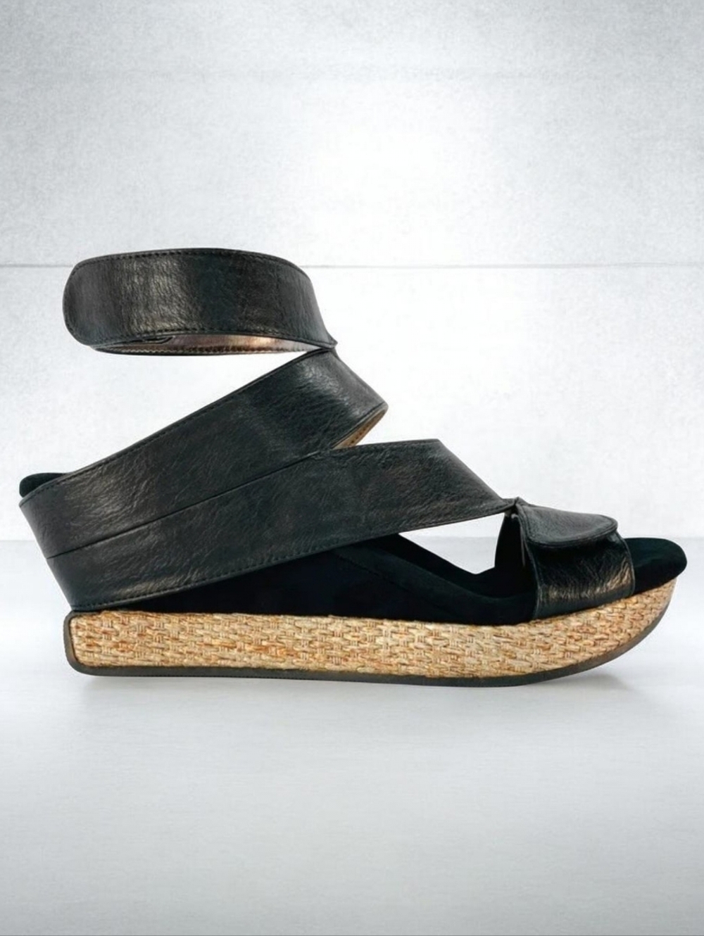 Modzori Reversible Black Strappy Low Wedge Ankle Strap Sandals